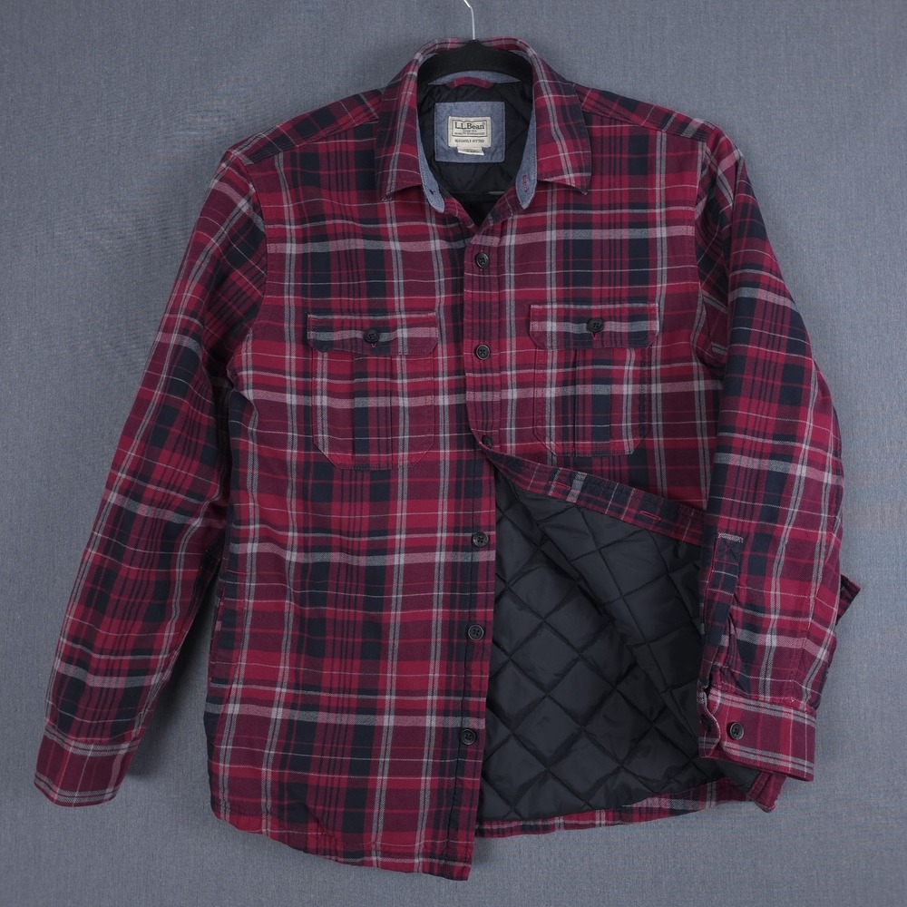 LL Bean Primaloft Jacket Mens Medium Red Plaid Quilt Lined Shacket‎ Work 298234